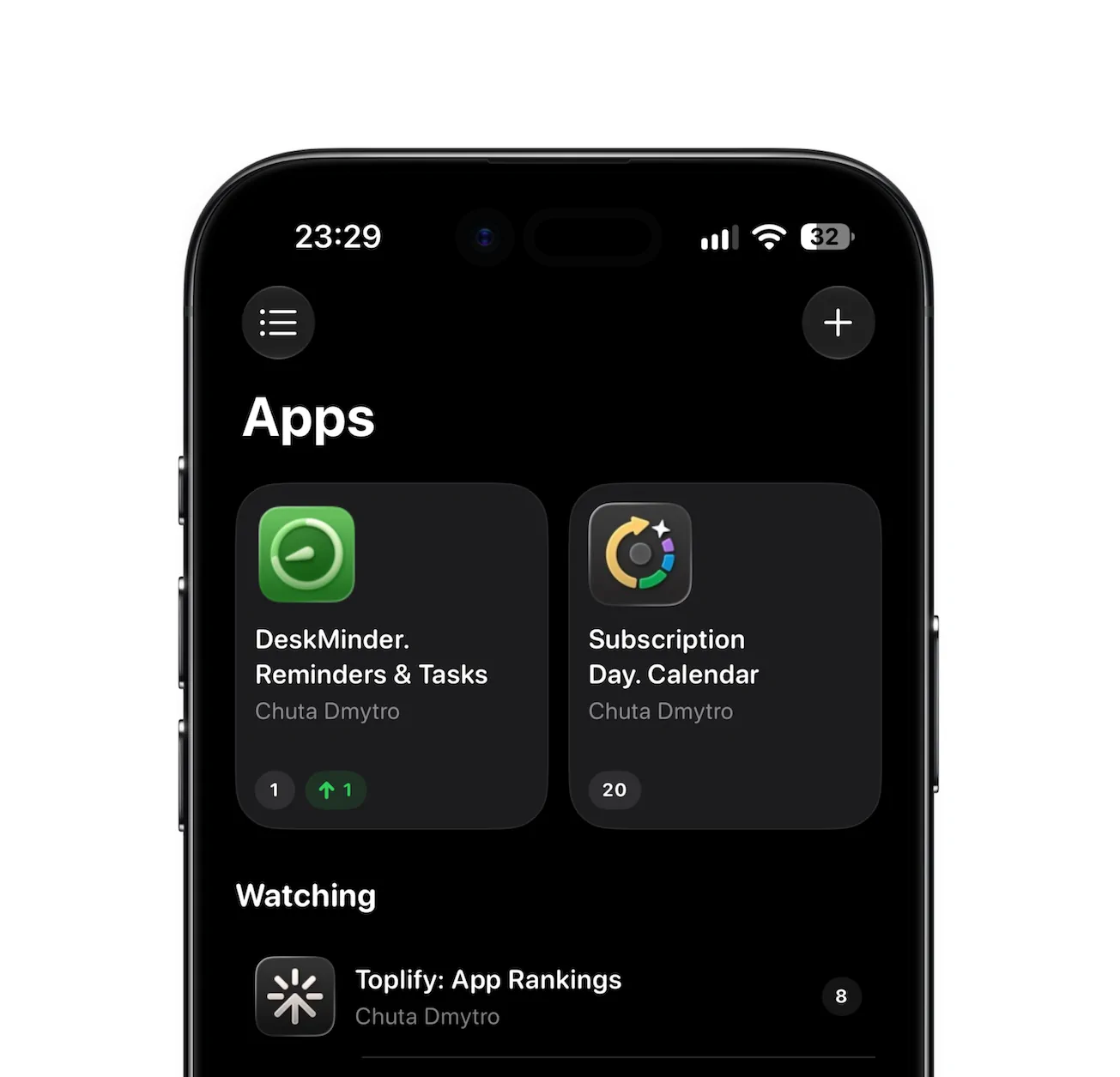 Toplify dashboard showing two tracked apps side by side